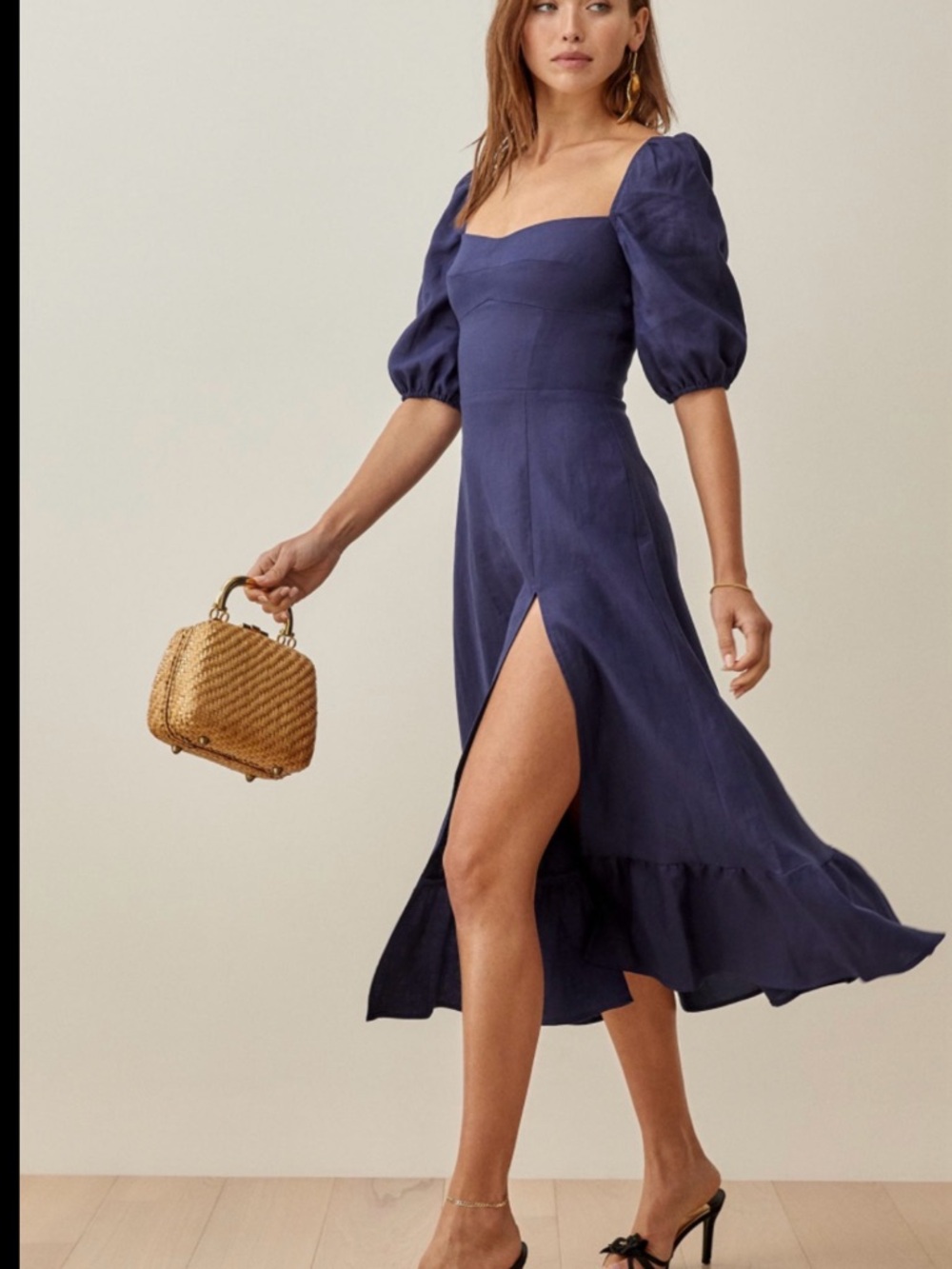 Reformation Belgium Linen Dress Navy Puff-Sleeve Square-Neck Midi